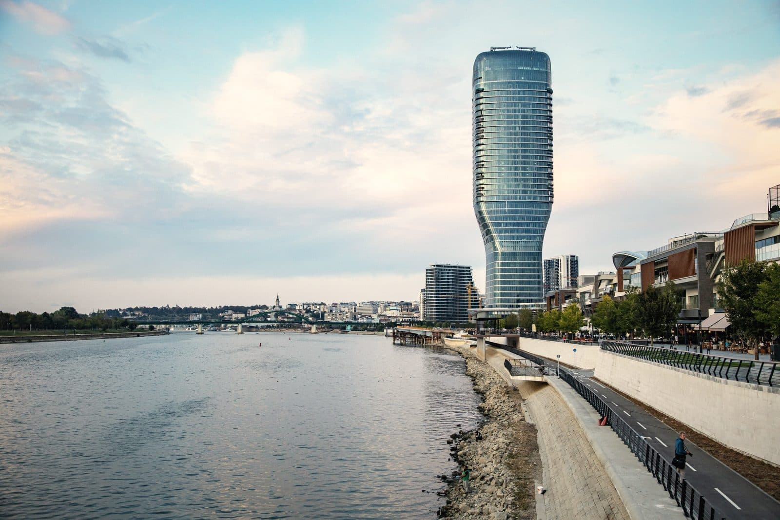 The Kula Beograd tower above the Sava and the riverside promenade in Belgrade